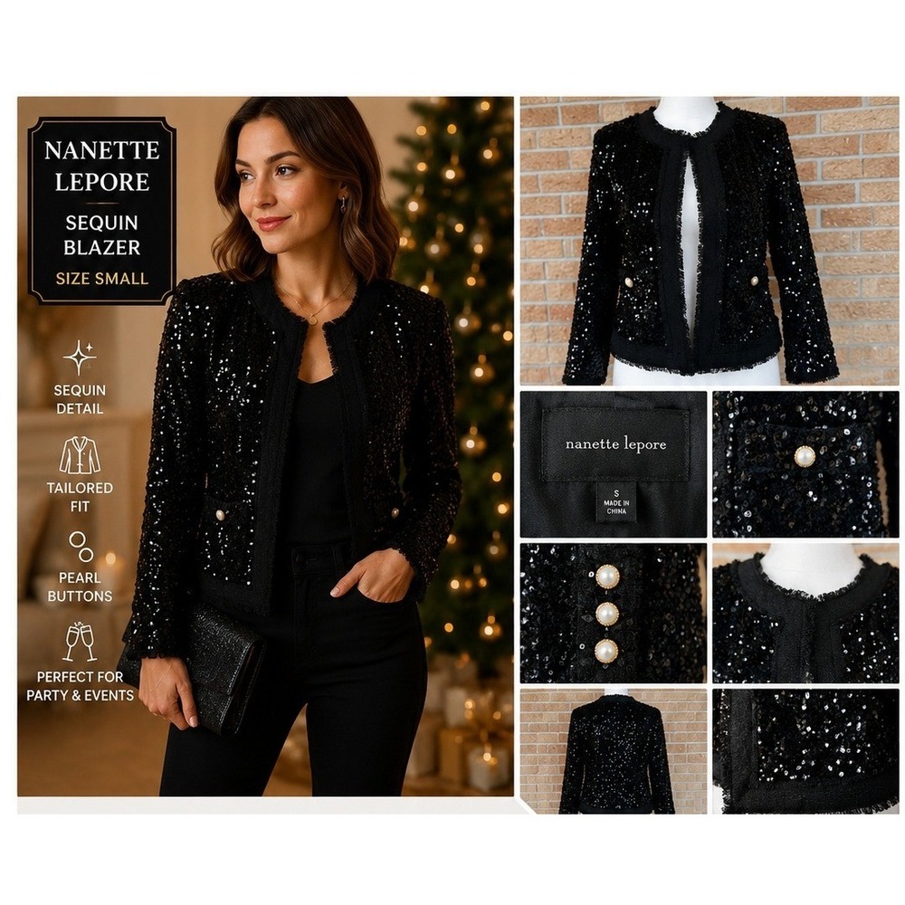 Nanette Lepore Sequin Jacket Womens Small Black New Pearl Button Frayed Trim - Picture 1 of 14